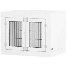 PawHut Dog Crate Furniture with 360° Rotatable Removable Dog Bowls, Dog Kennel Furniture for Medium Dogs, White
