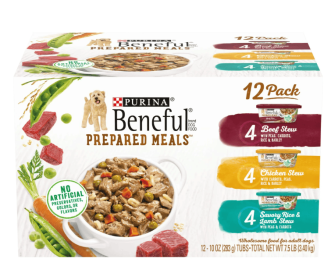 Purina Beneful Prepared Meals Wet Dog Food Soft Real Beef, Chicken & Lamb Stew, 10 oz Tubs (12 Pack)