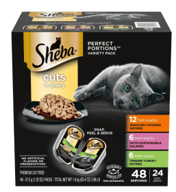 Sheba Wet Cat Food Pate Variety Pack, Savory Chicken, Roasted Turkey, and Tender Beef Entrees, (24) 2.6 oz. Perfect Portions Twin Pack Trays