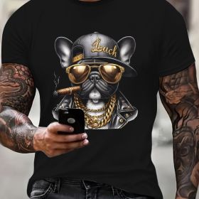 Cool Hip-hop Dog Gold Chain Pattern Print, Men's Round Neck Short Sleeved T-shirt, Casual Men's Top, Men's Daily Comfortable Clothing