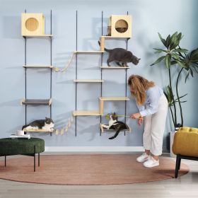 Wall-mounted Wood Cat Tree with Cat Condos, Jumping Platforms, Cat Bridges, Cat Perches and Scratching Posts, Natural Wood