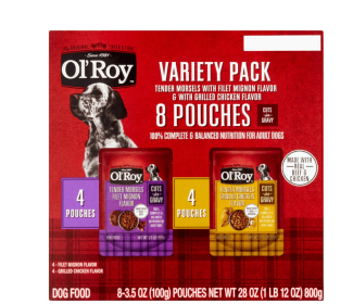 Ol' Roy Cuts in Gravy Wet Dog Food Variety Pack, Tender Morsels Filet Mignon Flavor and Tender Morsels Grilled Chicken Flavor, 3.5 oz (8 Pack)